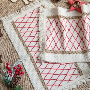 Bohemian cream placemat with red geometric diamonds and tassels for holiday table setting