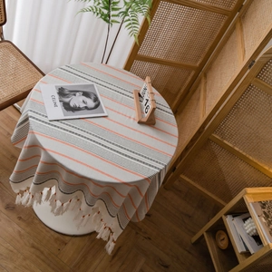 Nordic striped round tablecloth with handmade tassels in cotton linen blend
