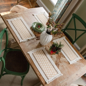Modern cotton linen table runners with orange diamond weave pattern and white tassels