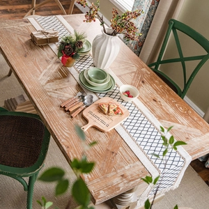 Runner da Tavolo in Iuta e Cotone Intrecciato Bohémien Con Nappine Motivo a Rombi Geometrici Decorazione Tavola Stile Rustico per Casa Matrimonio