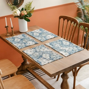 Vintage Blue Floral Jacquard Placemat Cotton Linen Blend Double Layer Heat Resistant Rectangular Dining Table Mat Kitchen Decor