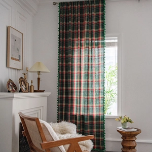 Vintage American Style Green Plaid Cotton Curtain With Green Tassel Yarn-Dyed Semi-Shading Rod Pocket Grommet Hook Kitchen Curtains