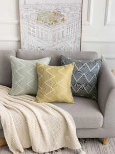 Detail shot of modern wave jacquard texture on green yellow and navy cushion covers