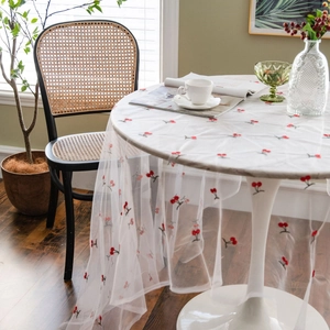 White mesh tablecloth with red cherry embroidery and green leaf pattern for home decor
