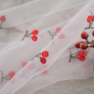 Elegant white mesh tablecloth featuring detailed red cherry embroidery in rural style