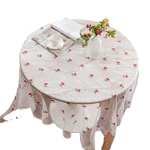 White lace round tablecloth with red cherry embroidery for elegant home decor and photography
