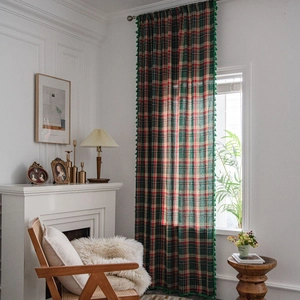 American country style green plaid window curtain with decorative fringe tassels