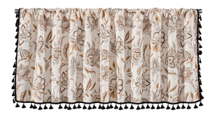 Detail of floral printed cafe curtain with decorative black fringe tassels on a rod