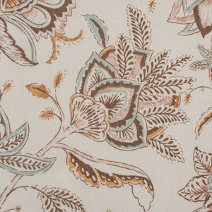 Close-up of bohemian floral print on cotton linen fabric for kitchen cafe curtains