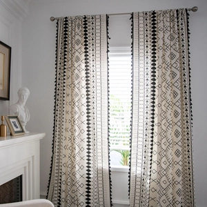 Bohemian black and white geometric print cotton linen curtains with black side tassels