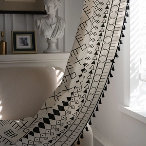 Bohemian cotton linen curtain with black geometric patterns and decorative tassels