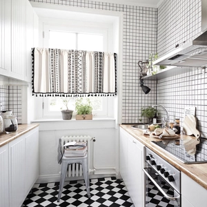 Rideau Court de Cuisine à Imprimé Géométrique Bohème Avec Glands Rideau de Porte en Coton et Lin pour Décoration de Cabinet