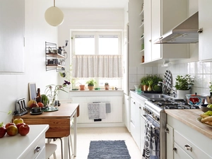 Close-up of beige hollow lace cafe curtain with elegant tassel trim on a kitchen window
