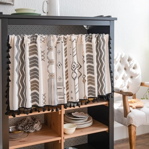 Rideau de Porte Bohémien en Coton Lin Avec Glands Noirs Cantonnière de Fenêtre Courte Imprimé Géométrique pour Cuisine Café Meuble