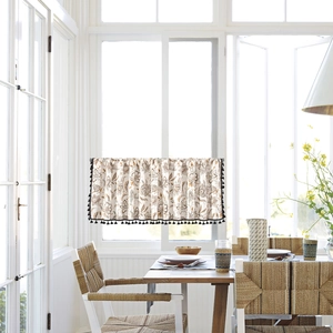 Floral print cafe curtain with black tassel fringe for kitchen and cabinet windows