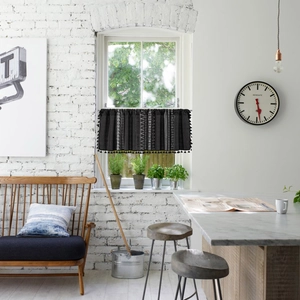 Black bohemian cafe curtain with white geometric prints and tassel trim for windows