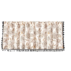 Floral print cafe curtain with black tassel fringe on a white rod for kitchen decor