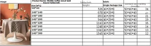 Detailed size chart for jacquard tablecloth featuring brown geometric patterns and fringe