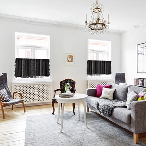 Modern black kitchen cafe tier curtains with white geometric prints and black pompom tassels