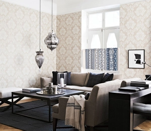 Close-up of blue and white bohemian patterned cafe curtain with floral geometric prints