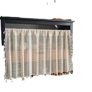 White hollow lace cafe curtain with decorative tassels for kitchen cabinets and windows