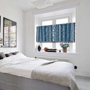 Blue geometric print boho cafe curtain with black tassels for kitchen and windows