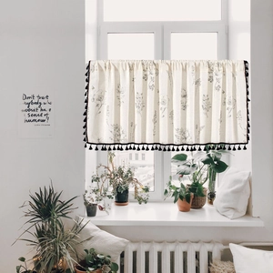 Floral print kitchen curtain with black tassels on creamy linen fabric for home decor