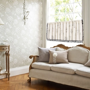 Floral print cotton linen half curtain with black tassel trim in French country style