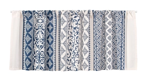 Close-up of blue and white damask pattern short curtain for kitchen and cabinets