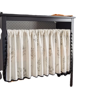 Vintage floral cafe curtain in cream linen with black fringe tassels for cabinets