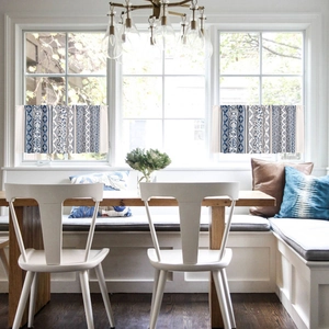 Bohemian style blue and white floral cafe curtains for kitchen windows in a pair