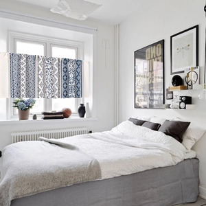 Blue and white geometric pattern short cafe curtain for kitchen or bedroom windows