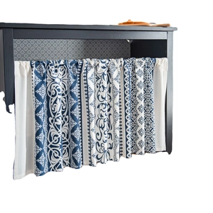 Blue geometric pattern short curtain cafe curtain for cabinets in cotton linen fabric