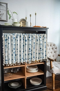Blue striped cabinet curtain with cotton tassels for Nordic style kitchen and shelves