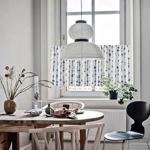 Blue striped cotton linen short curtain with tassels for kitchen window and cabinet