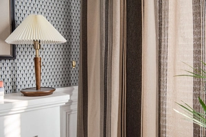 Detailed texture of American style striped linen curtain in coffee and beige tones