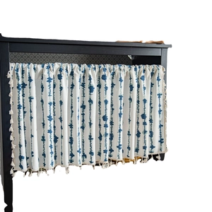 Blue striped print valance curtain in beige with tassel fringe for kitchen cabinets
