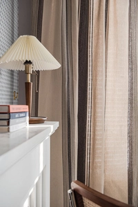 Detailed texture of cotton linen striped curtain with rustic American style and soft shadows