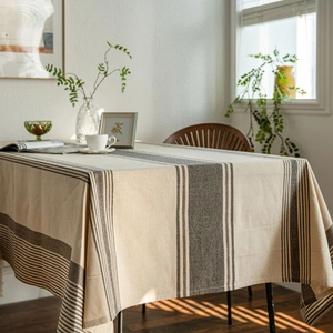 Japanese style brown striped rectangular cotton linen tablecloth with natural light