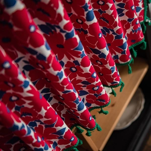 Festive red flower window curtain valance with green tassel trim for home decoration