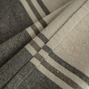 Japanese style striped brown and beige linen blend tablecloth with high-quality woven texture