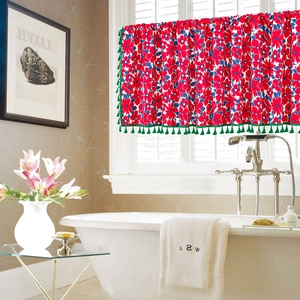 Red floral cafe curtain with green fringe tassels for kitchen and bathroom decor