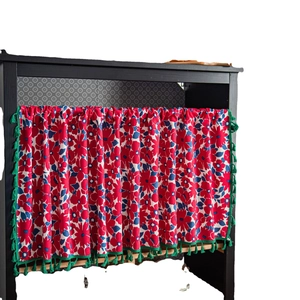 Rustic floral short curtain with red blossom prints and green tassel fringe trim