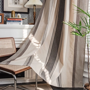 Vintage vertical striped cotton linen blend blackout curtain in American cafe style