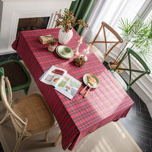 Classic red plaid tablecloth with festive Scottish tartan pattern for home dining decor