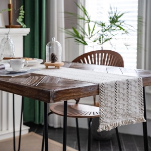 Bohemian Woven Table Runner Cotton Jute Blend With Tassels Geometric Crochet Design For Farmhouse Dining Table Decor