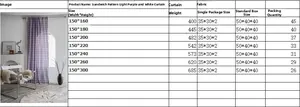 Detailed size chart for lavender plaid curtains with white fringe trim and dimensions