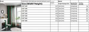Size chart for green plaid curtains showing various heights and packaging dimensions