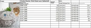 Size chart for pink floral embroidery lace tablecloth showing dimensions and weight