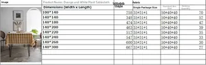 Size chart for orange checkered tablecloth with white tassels showing various dimensions